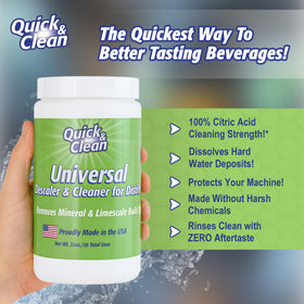 Pouring Quick & Clean universal descaler powder demonstrates simple use