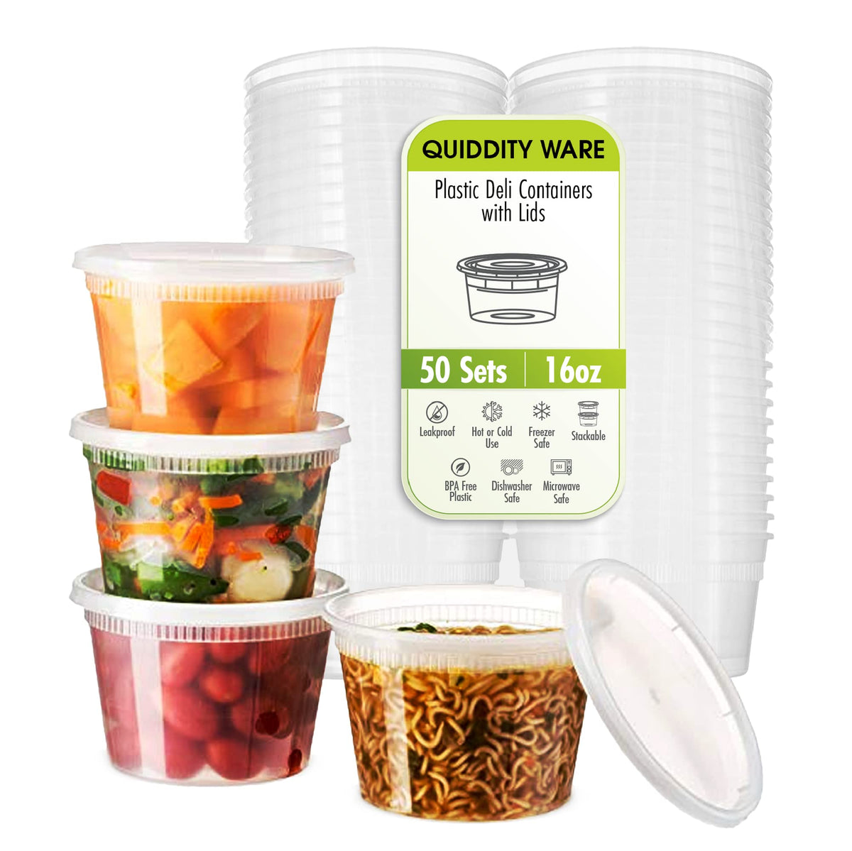 Quiddity Ware 16oz deli containers with leakproof lids keep sauces fresh and mess-free.