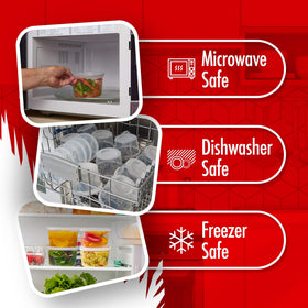 Quiddity Ware stackable design saves space in cupboards and fridge shelves.
