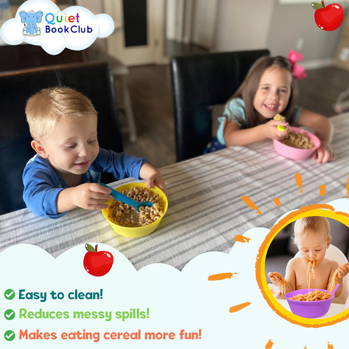 Quiet Book Club bowls with bright colors to engage kids during meals