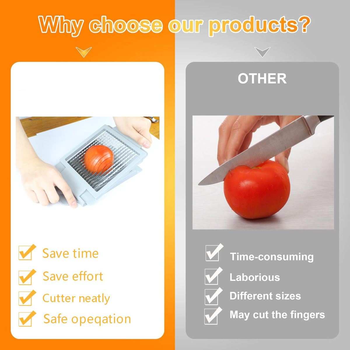 QUJIFETU tomato slicer featuring a locking mechanism for safe operation.