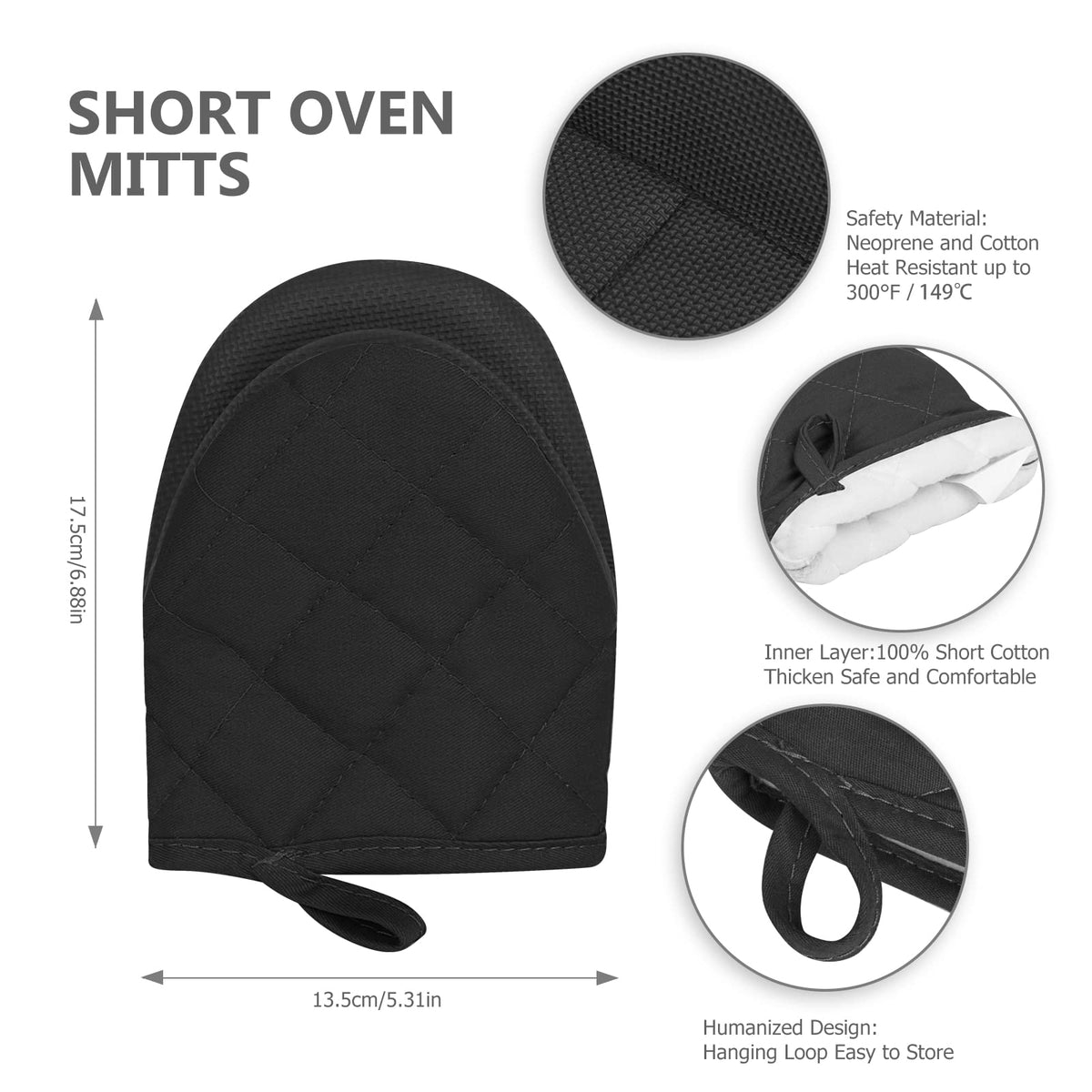 Qulable short oven mitts, cotton lining visible, comfortable hand protection during cooking.