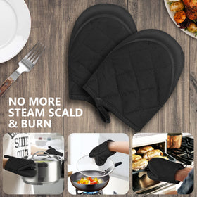 Qulable short oven mitts, flexible design enabling quick hand movements.