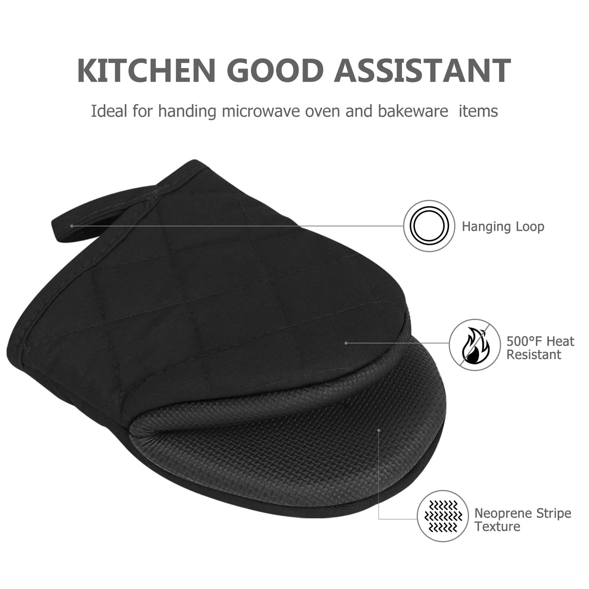 Qulable short oven mitts, hanging loop on cuff for easy storage.
