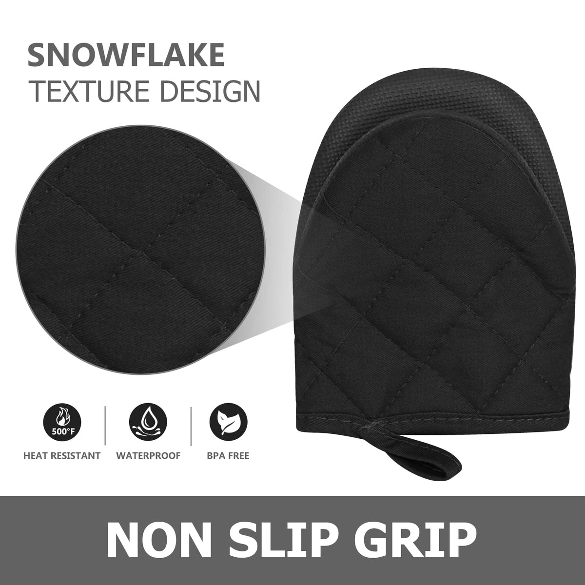 Qulable short oven mitts, in-use shot for oven and grill tasks with secure grip.