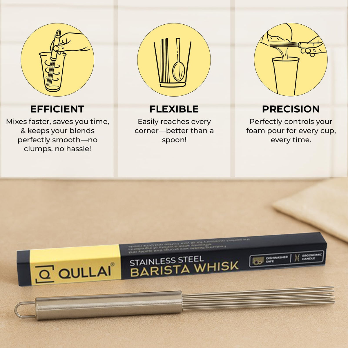 QULLAI whisk long-reach design helps reach tall mugs and pitchers.