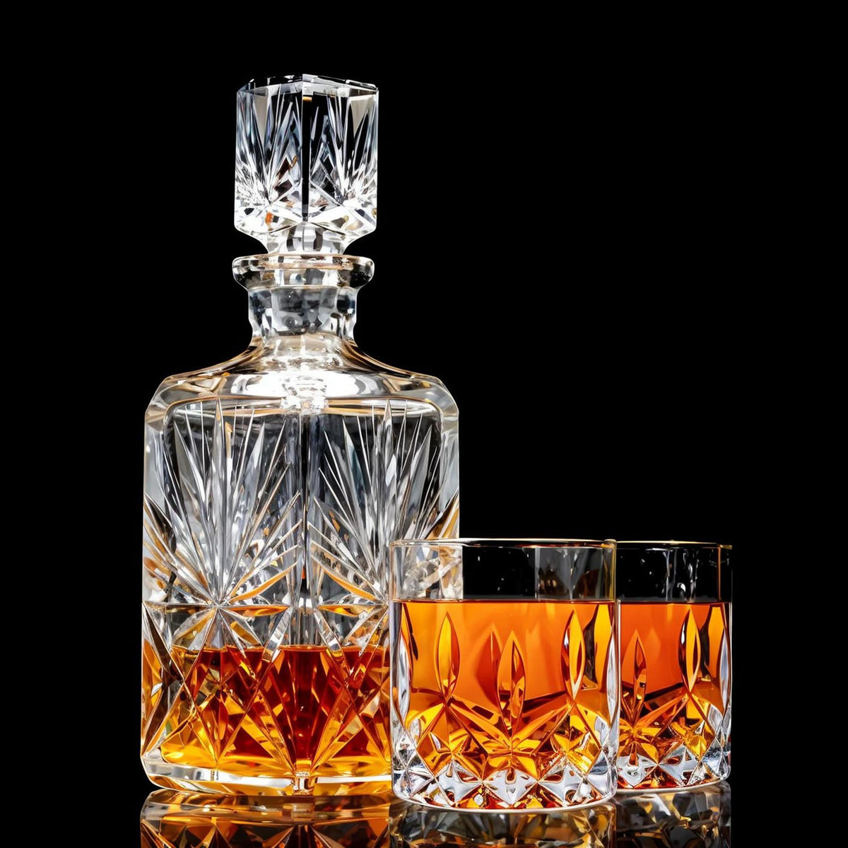 QUMMFA bourbon and cocktail setup with crystal and refined lines.