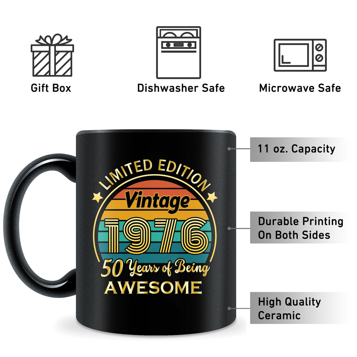 QUPT 50th birthday mug 1976 detailed design highlighting retro motif