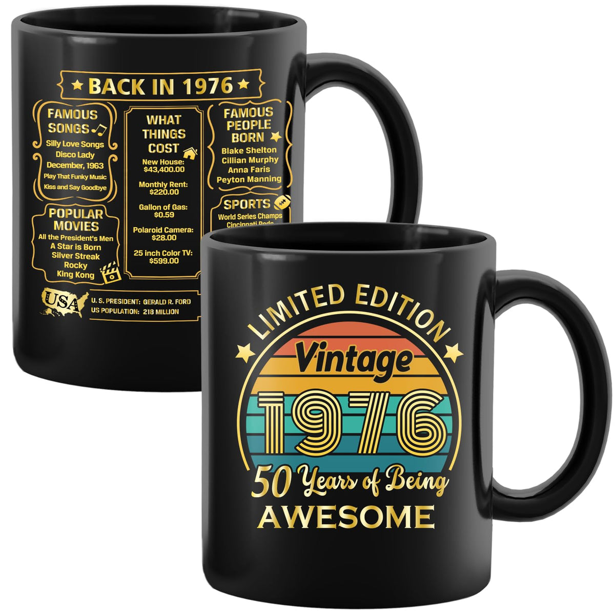 QUPT 50th birthday mug 1976 front view, nostalgic design for gifting moments