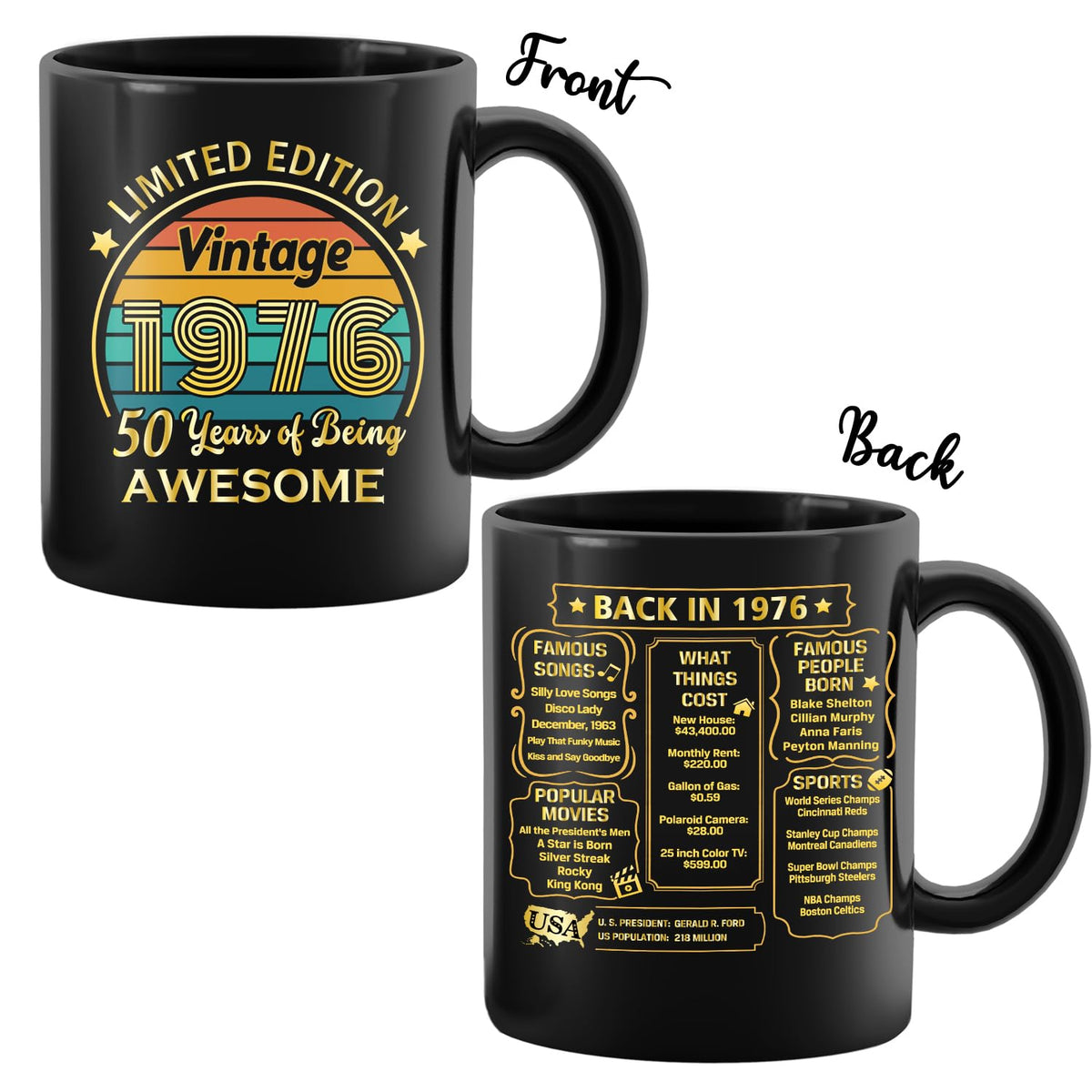 QUPT 50th birthday mug 1976 handle closeup, durable ceramic and clear print