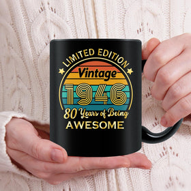 QUPT 80th birthday mug in use during morning coffee with family