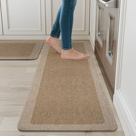 Quqei brown kitchen mat complements any kitchen design and protects floors.