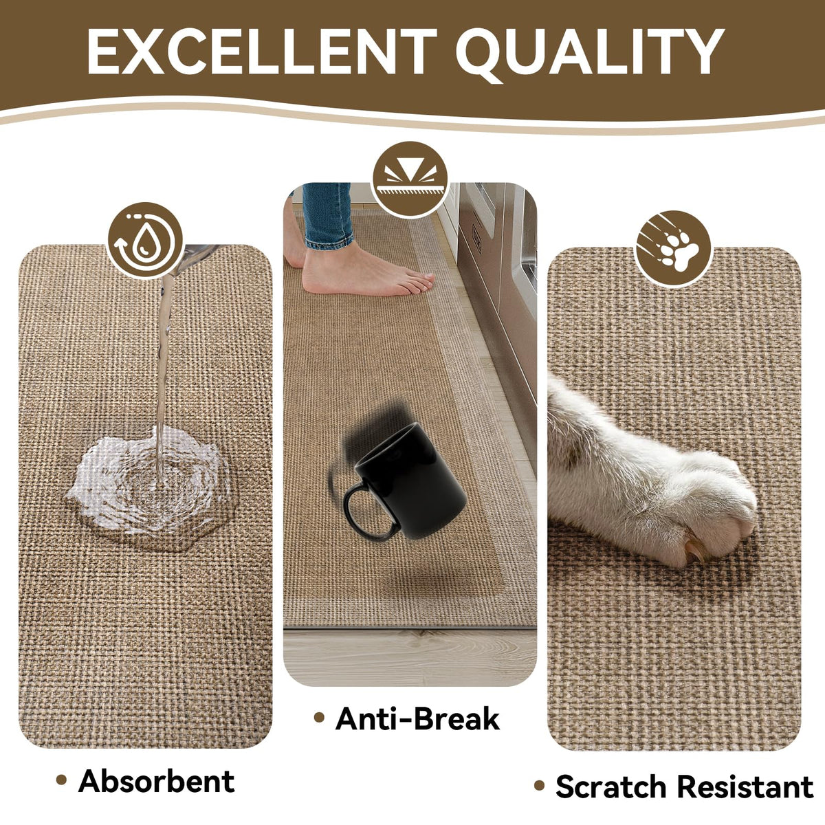 Quqei kitchen mat sits in front of the sink for comfort during washing.