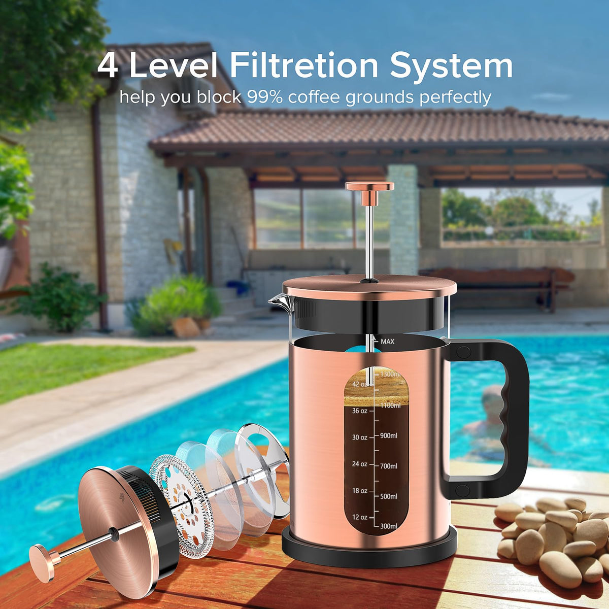QUQIYSO 80-mesh filter captures fine grounds for a cleaner cup.