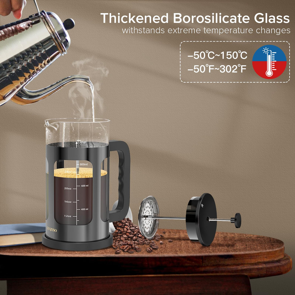 QuqiYSO borosilicate glass beaker offers clear visibility during brewing.