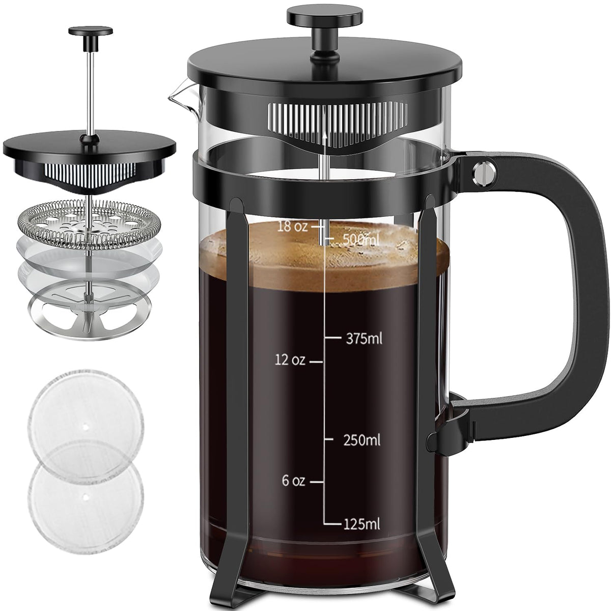 QUQIYSO French Press 21oz borosilicate glass for flavorful home-brewed coffee.