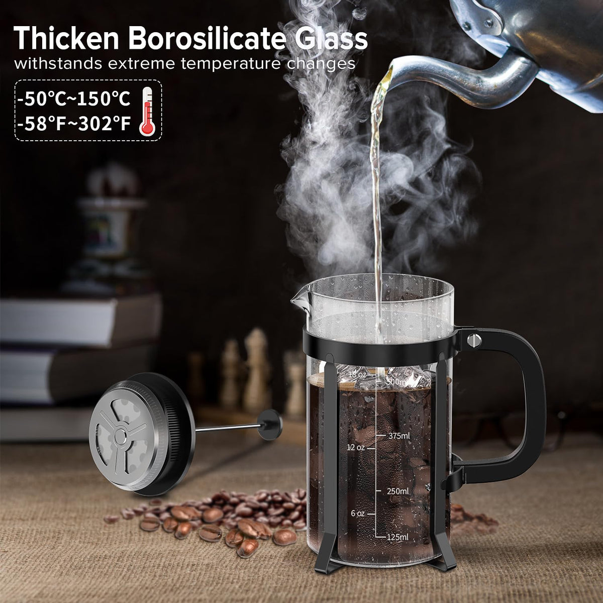 QUQIYSO coffee press with 4-filter system for smoother extraction.