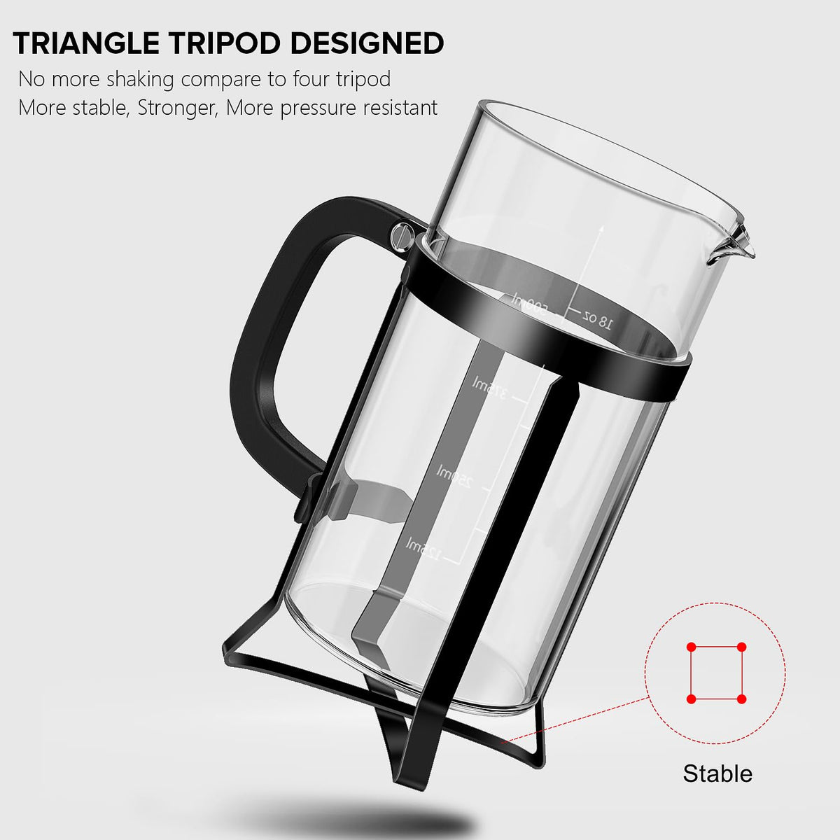 QUQIYSO French Press stainless-steel plunger ensures durable, easy-to-clean operation.