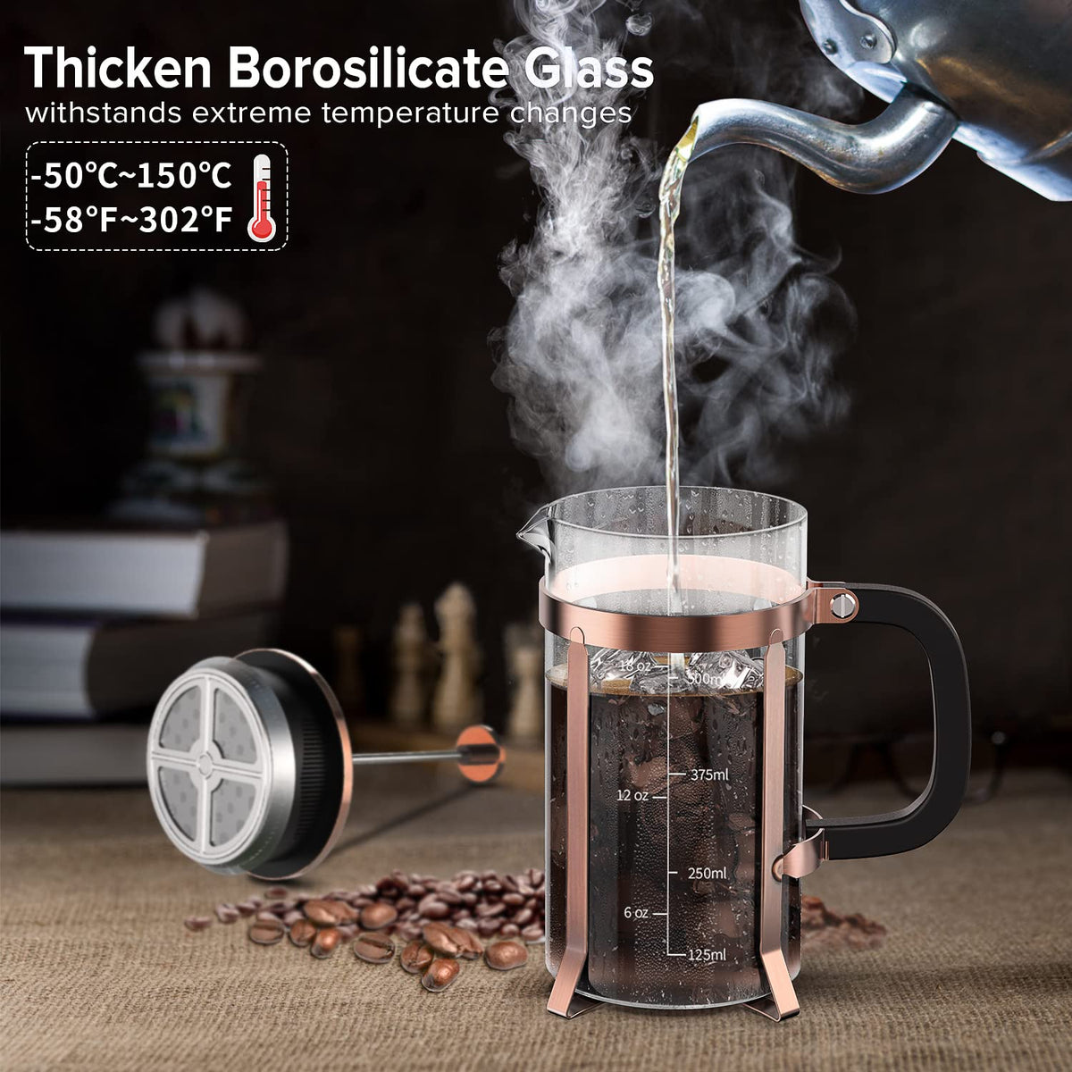 Close-up of QUQIYSO four-filter system delivering cleaner, richer coffee.