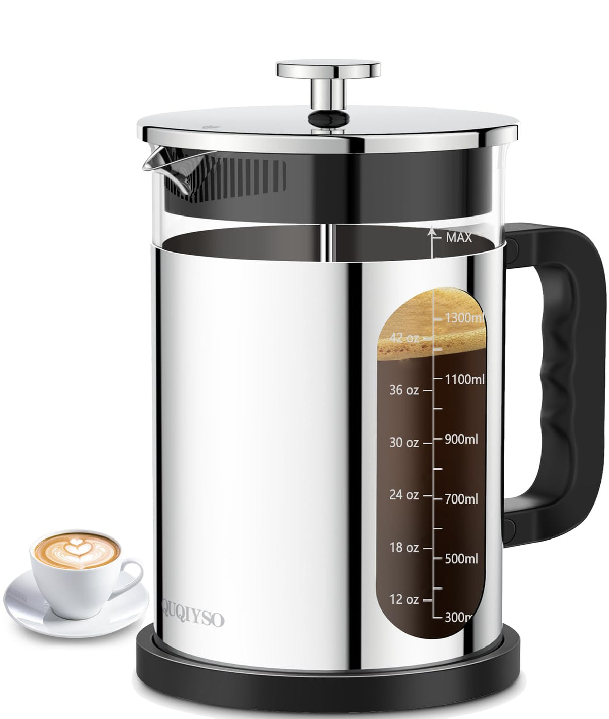 QUQIYSO French Press 1500ml front view shows clear glass for easy brewing observation.