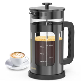 QuqiYSO French Press with 34oz capacity and a durable stainless steel body in view.