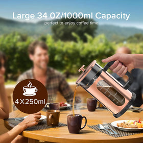 QUQIYSO French Press shows 34 oz capacity for gatherings and mornings.