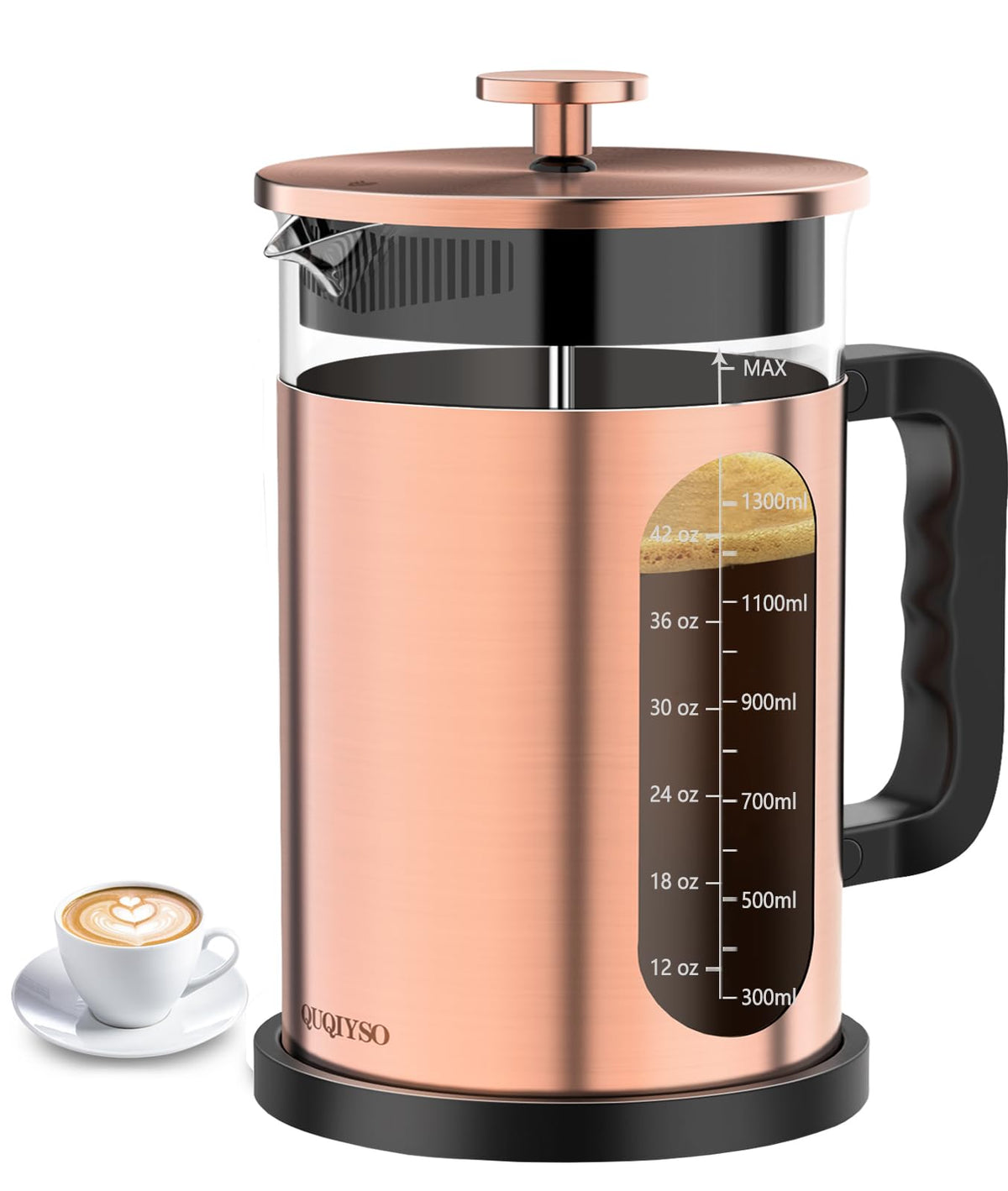 QUQIYSO French Press 51oz shows durable borosilicate glass and stainless steel for rich coffee.