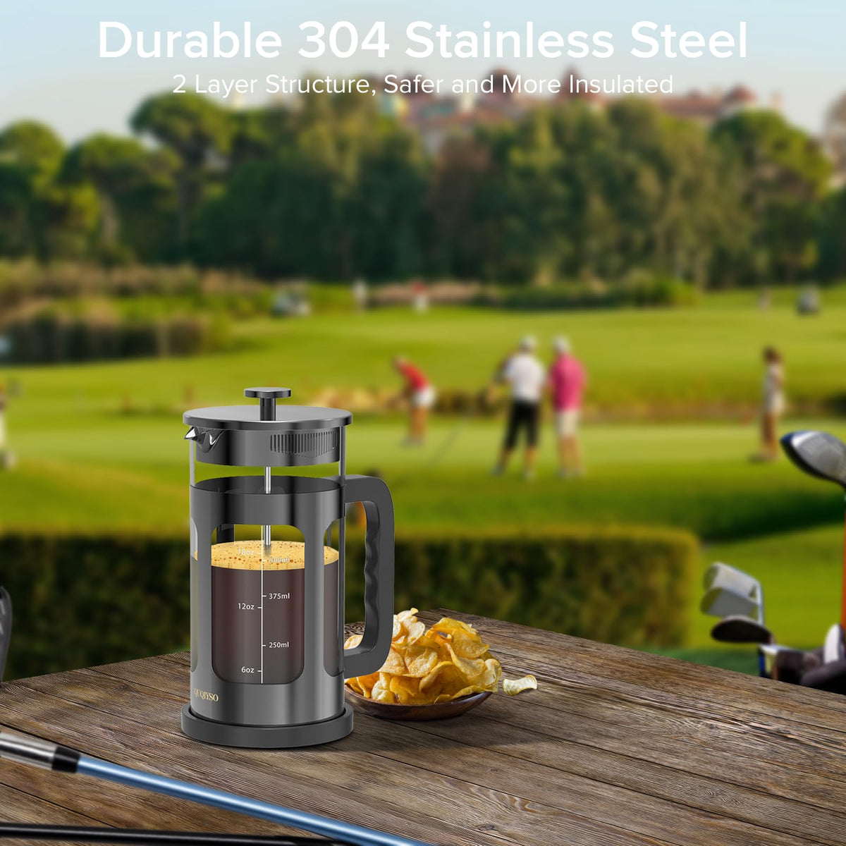 QUQIYSO French Press with 80-mesh filter system for cleaner coffee grounds.