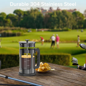 QUQIYSO French Press with 80-mesh filter system for cleaner coffee grounds.