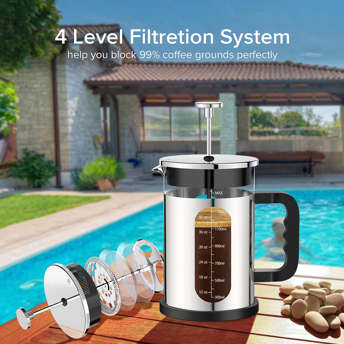 QUQIYSO assembled French Press 1500ml with measuring scale highlights generous capacity.