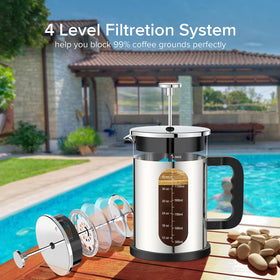 QUQIYSO assembled French Press 1500ml with measuring scale highlights generous capacity.