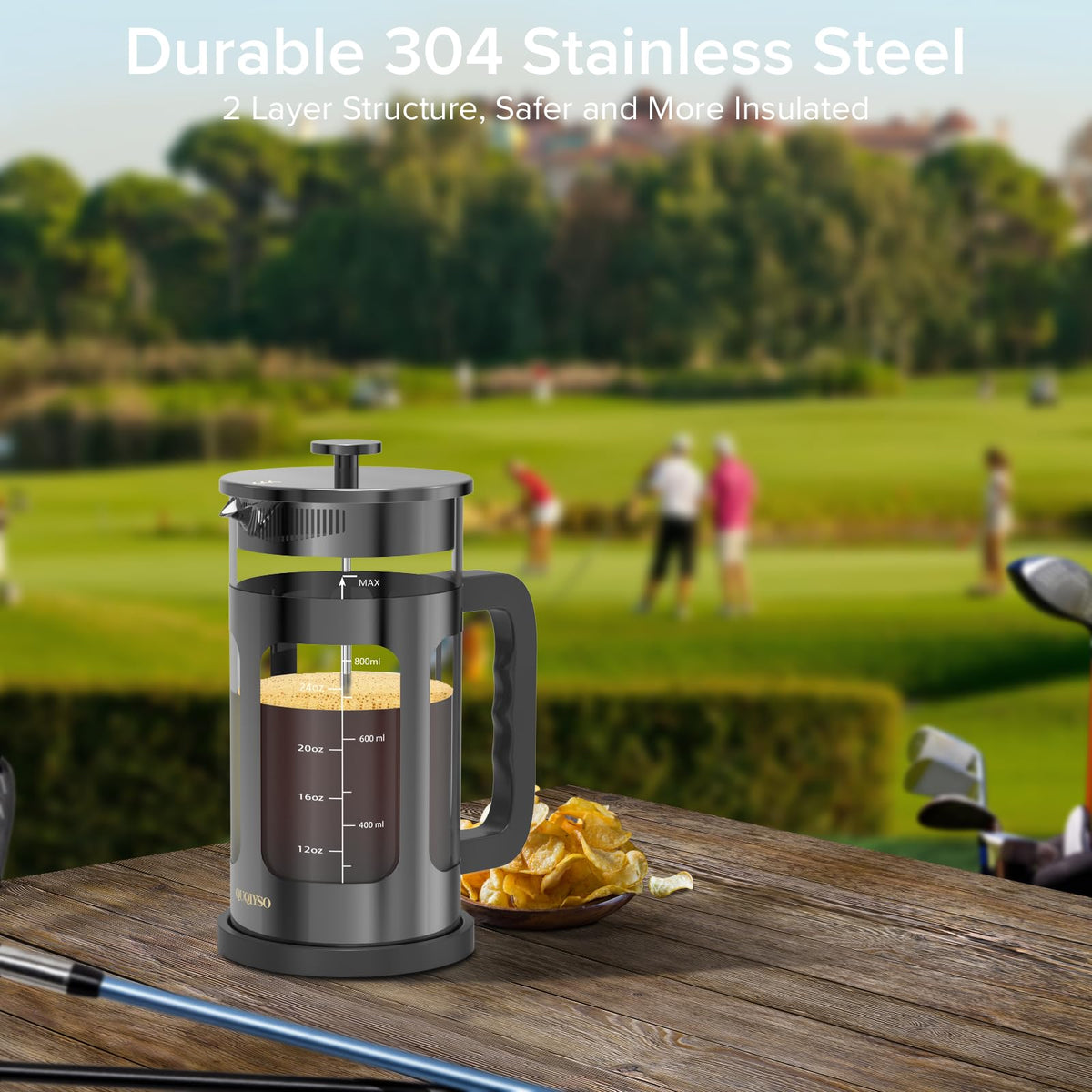 QuqiYSO French Press shows a heat-resistant, comfortable to grip handle for safe brewing.