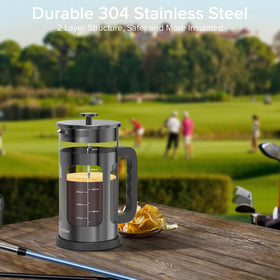 QuqiYSO French Press shows a heat-resistant, comfortable to grip handle for safe brewing.