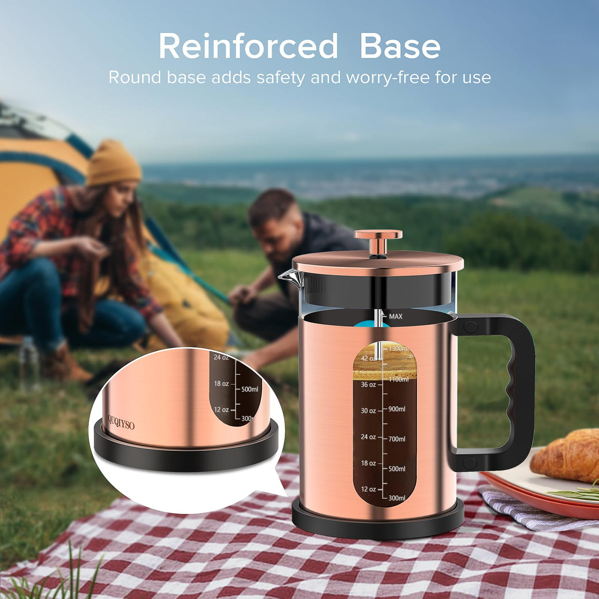 QUQIYSO stainless steel lid and handle provide durable, comfortable pouring.