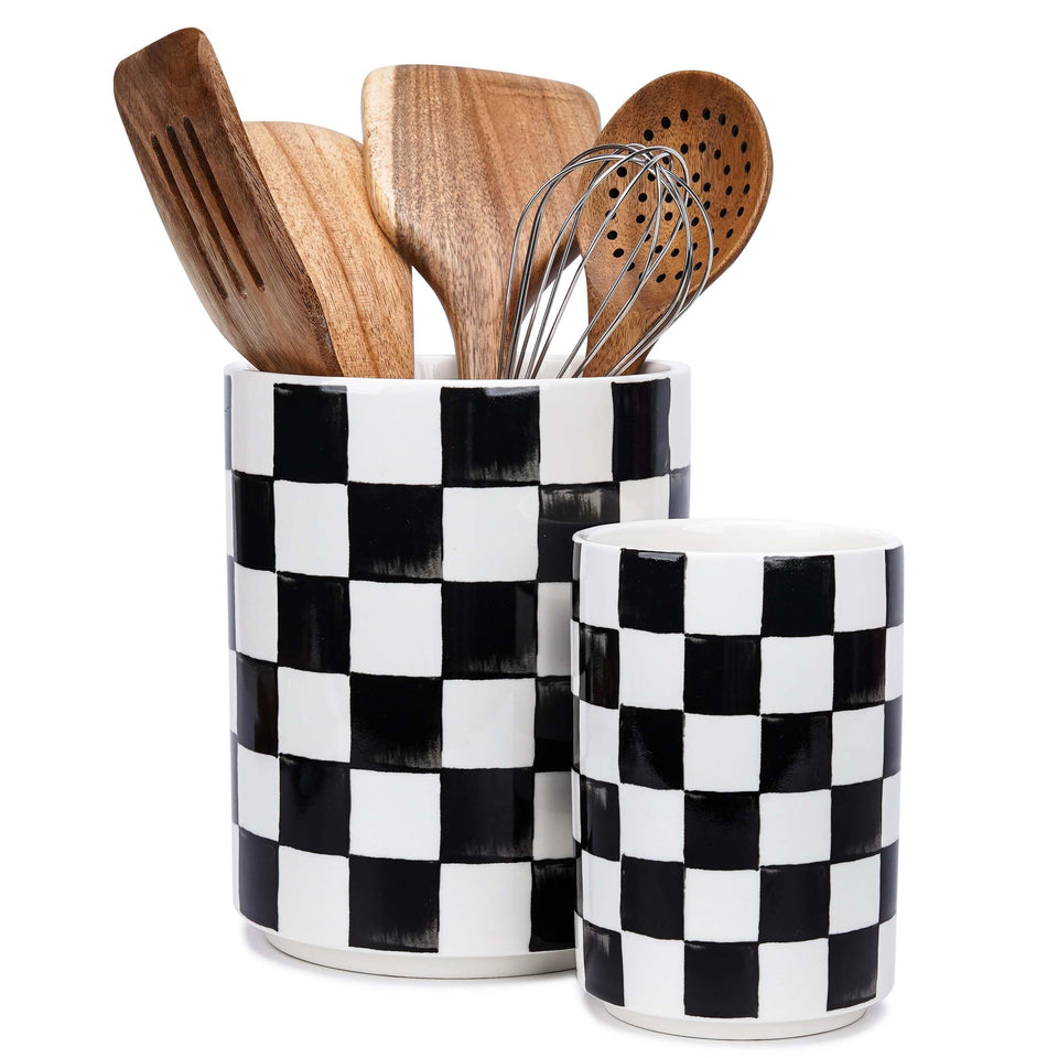 Quuavio checkered ceramic utensil holder with large capacity for sturdy counter storage