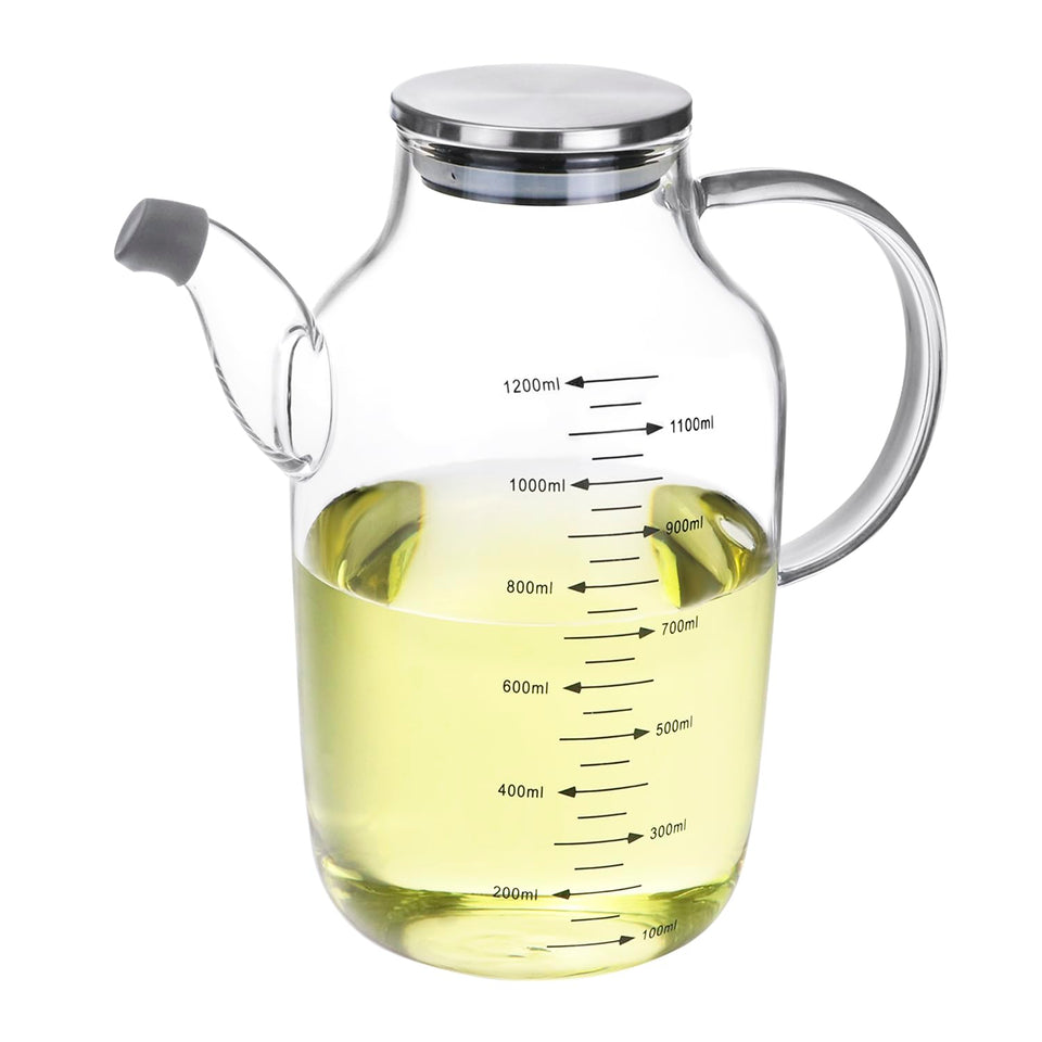 QWORK 1200ml glass oil bottle with stainless lid for precise, drip-free pouring