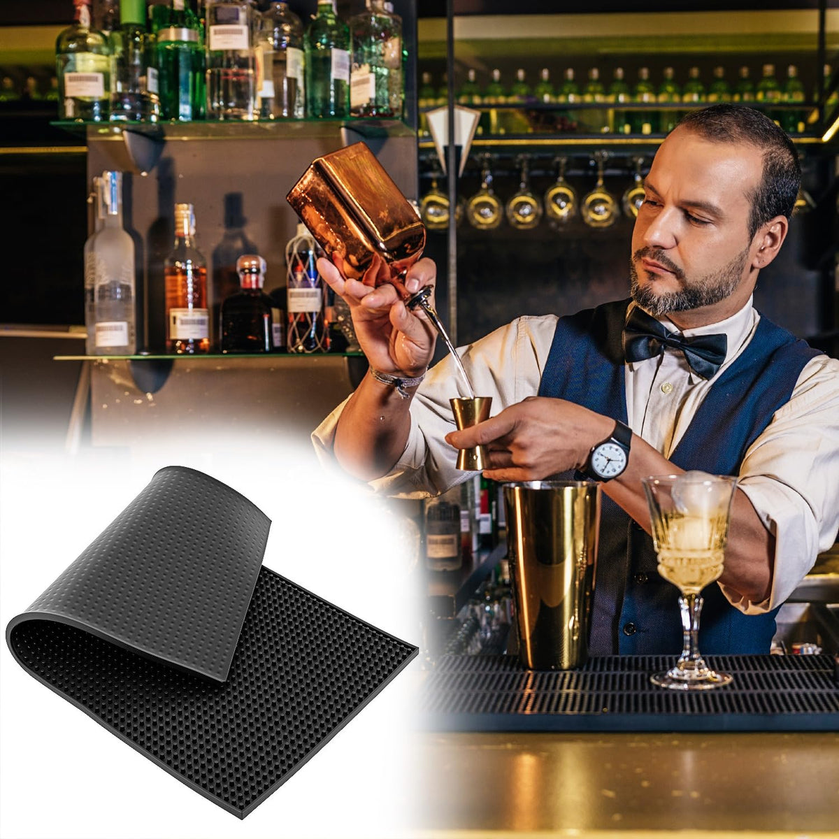 QWORK bar mat catches spills and makes cleaning quick after service.