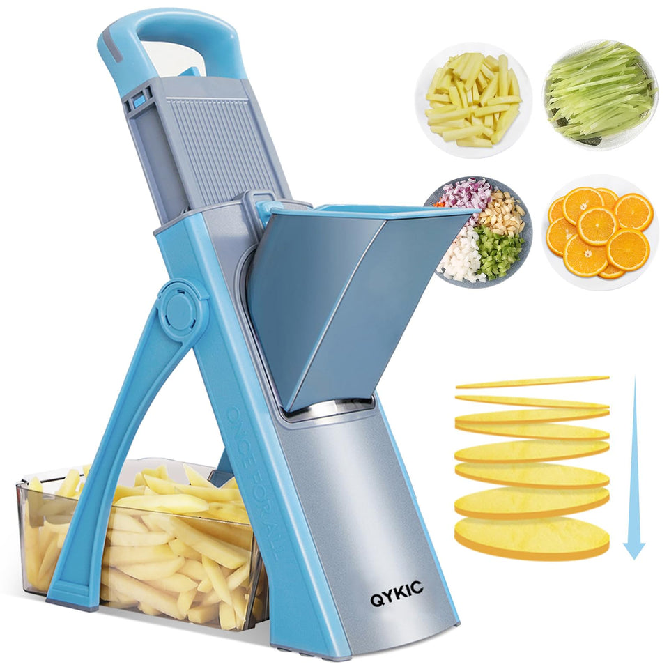 QYKIC Upgrade Safe Mandoline assembly view highlighting safety guard for precise slicing.