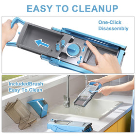 QYKIC mandoline easy-clean feature shown with included brush and catch container.