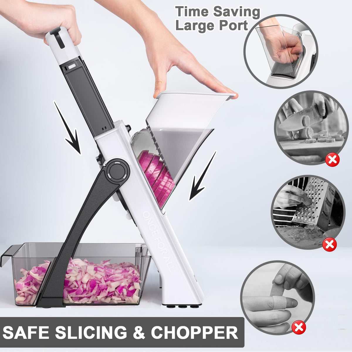 QYKIC mandoline offers julienne and dice options for versatile vegetable prep.