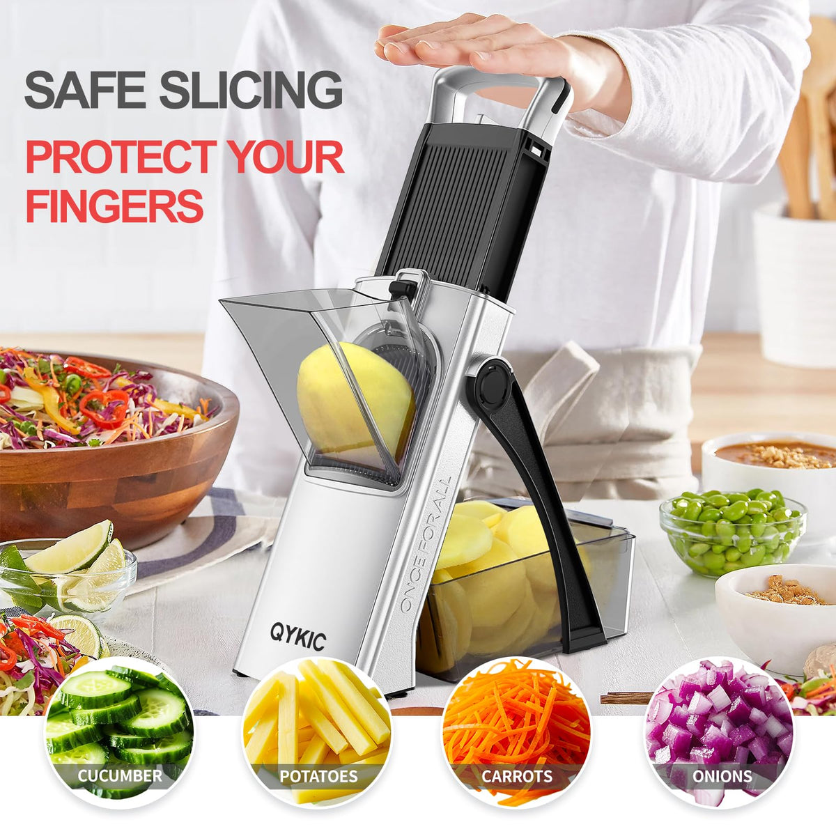 QYKIC Upgrade Safe Mandoline Slicer safety blades provide secure slicing and reduced risk.