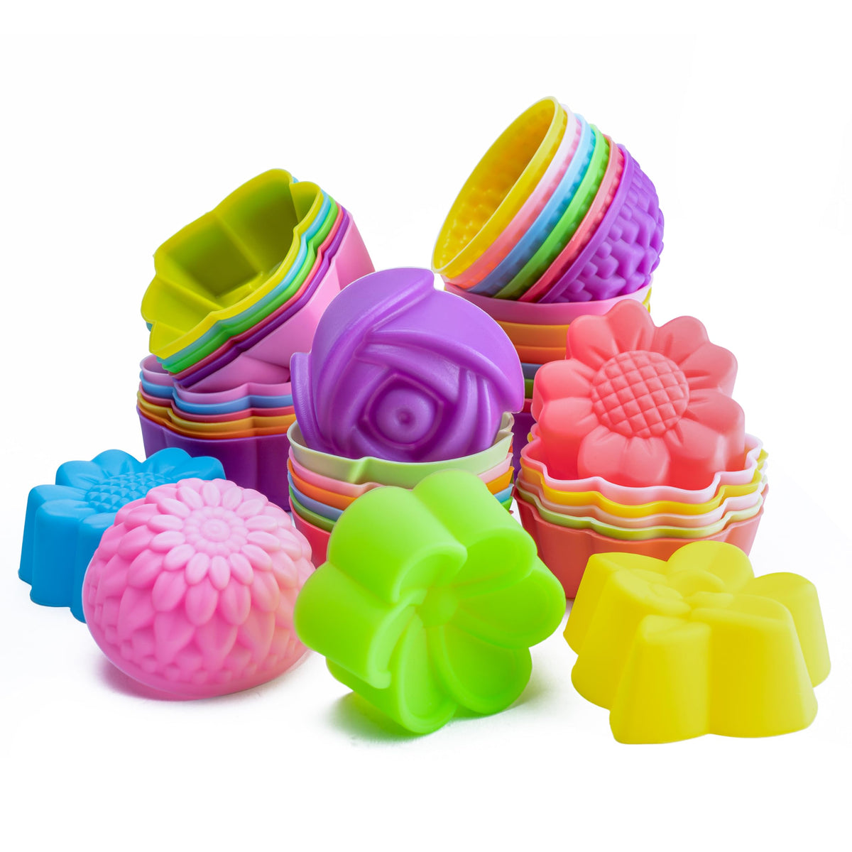 R HORSE 42-pack mini silicone molds for six flower shapes, ideal for colorful party treats.