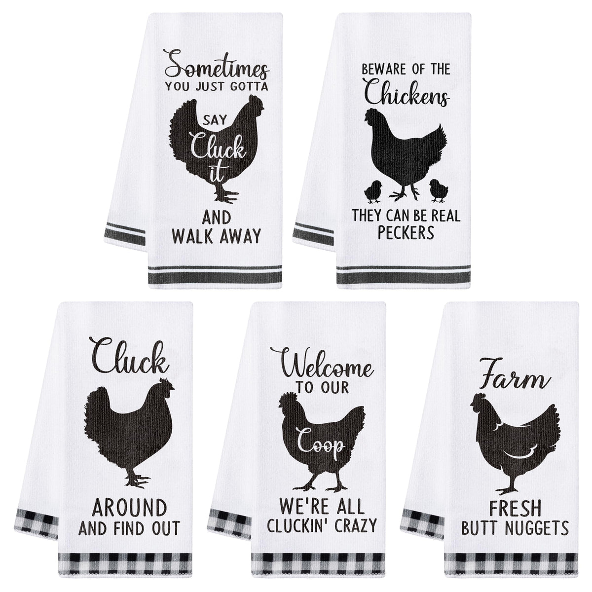 R HORSE funny chicken kitchen towel closeup 1 highlighting absorbent fabric and cheerful pattern