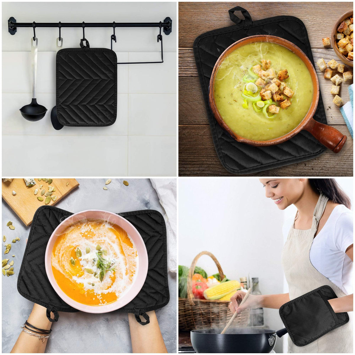 R HORSE terry cloth trivets simplify serving hot dishes.
