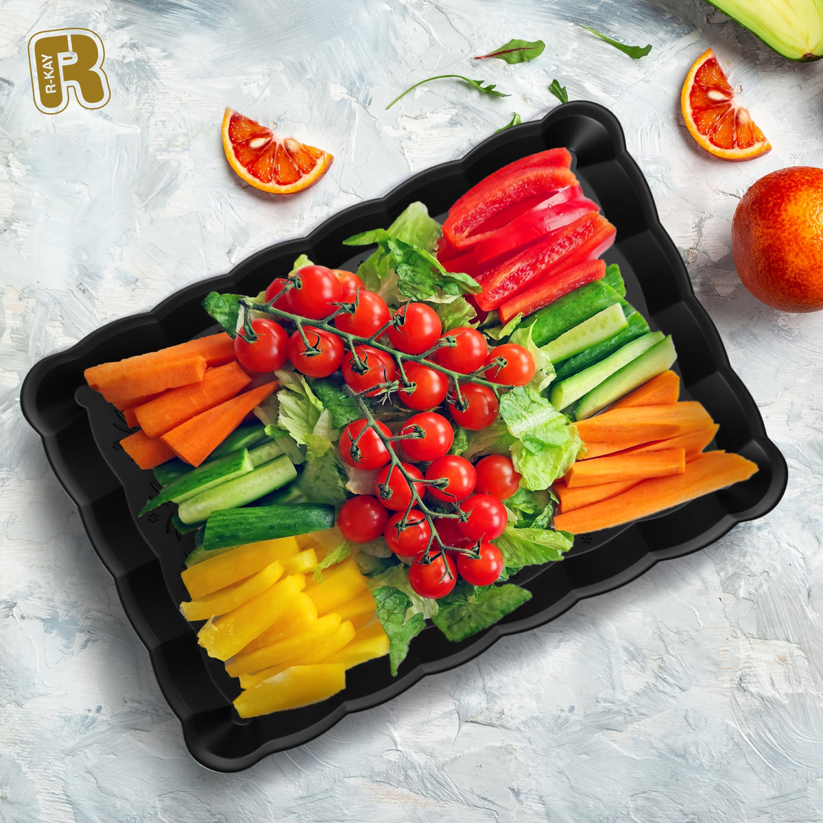 R-KAY black plastic serving trays for parties, elegant display and practical use