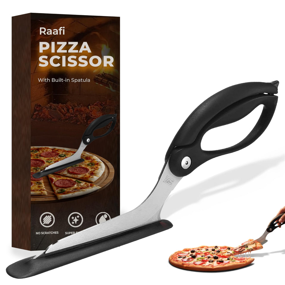 RAAFI pizza scissors with non-stick slice server for mess-free servings.