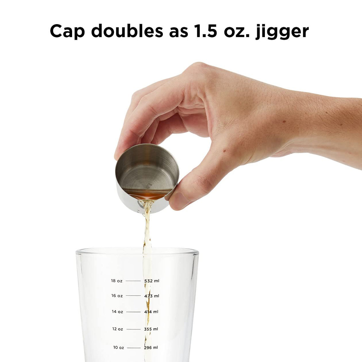 Rabbit shaker cap doubles as a 1.5 oz jigger for quick measurements