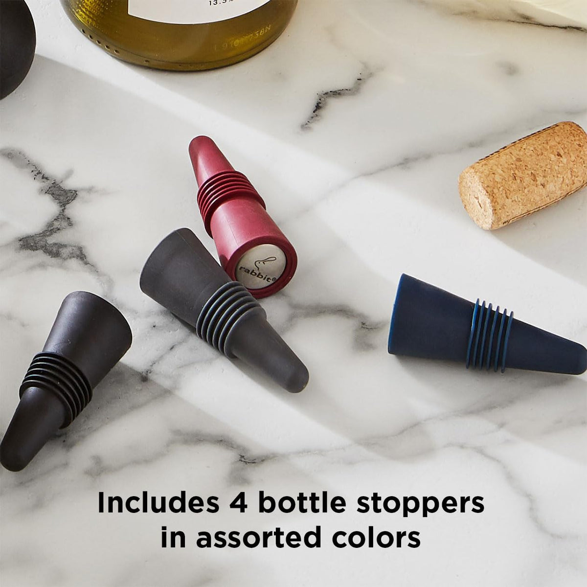 Rabbit W6121 versatile bottle stoppers seal wine, soda, oil, and vinegar.