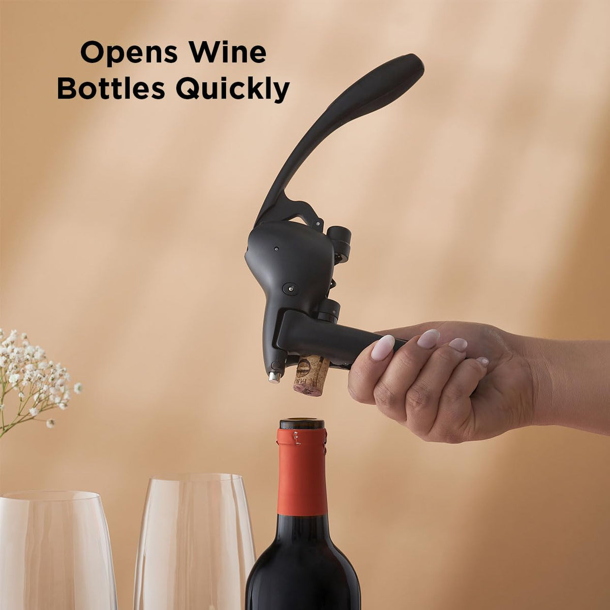 Ergonomic hand grip on Rabbit wine lever corkscrew for comfort