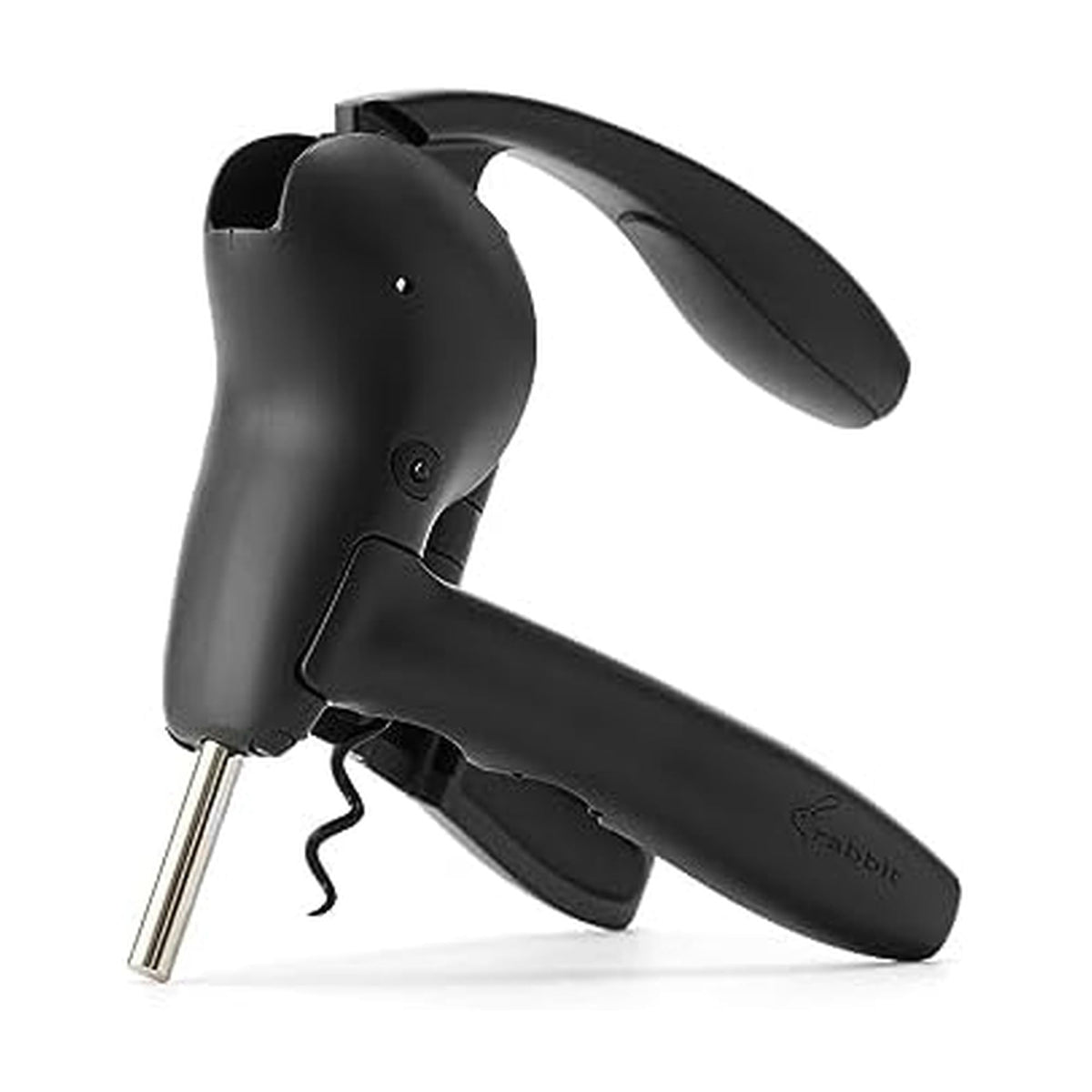 Rabbit wine lever corkscrew with built-in foil cutter on white background for easy bottle opening